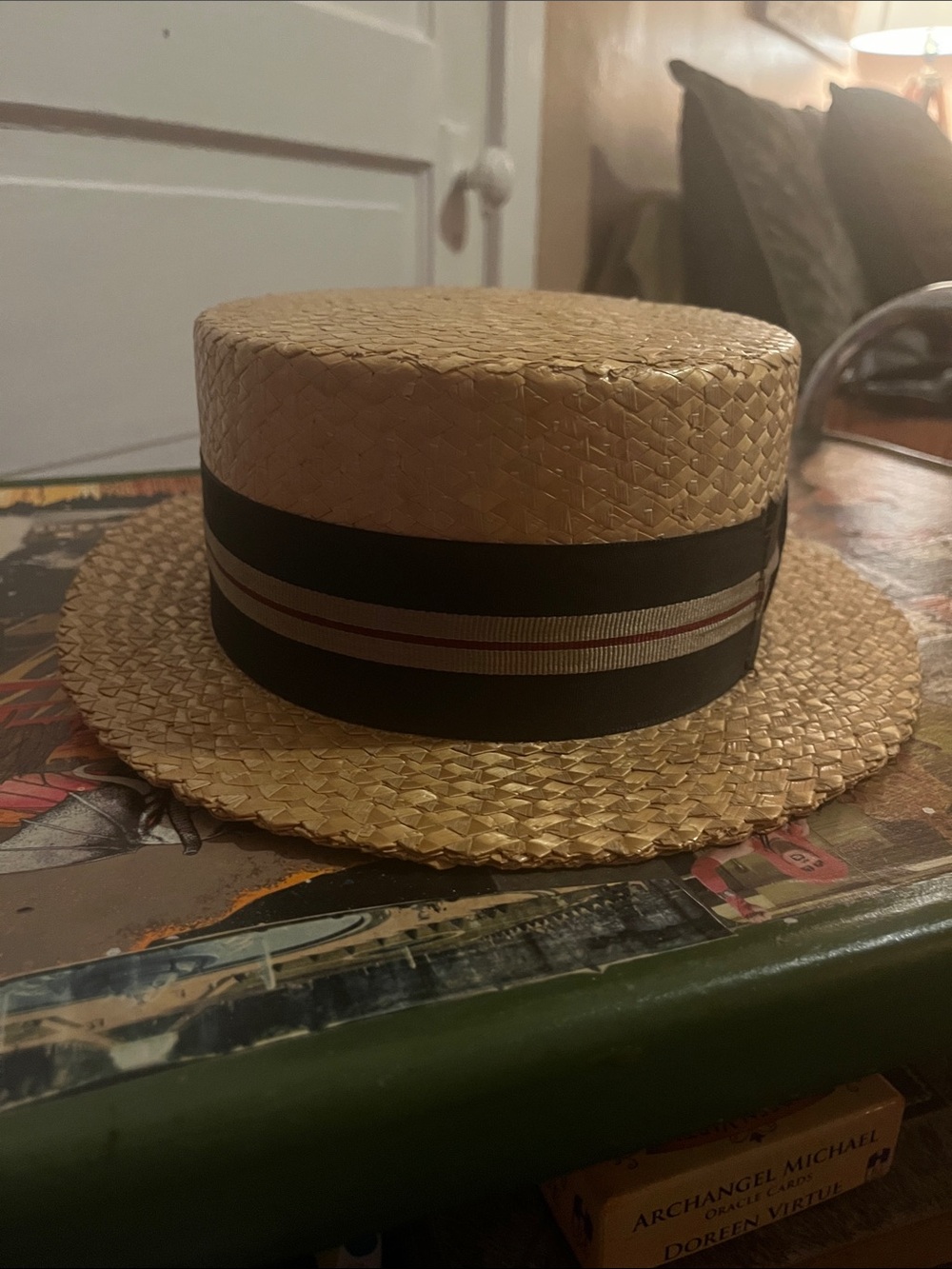 Vintage Classic Straw Boater Hat with Black Band
